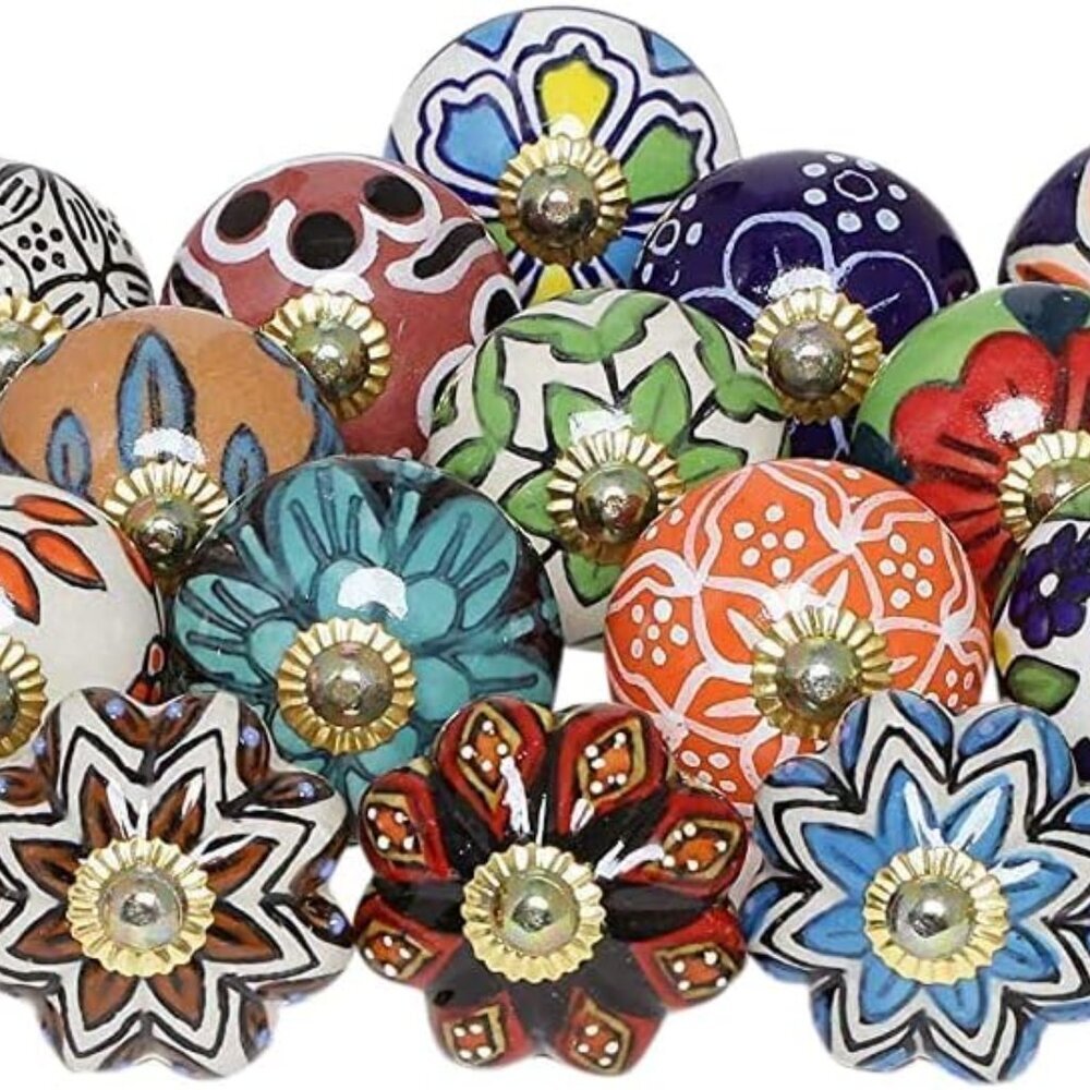 Kitchen Cabinet Knobs - Pack of 30 - Indian Countryside Colorful Assorted Cerami
